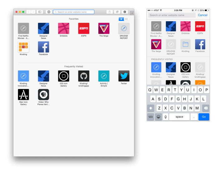 Screenshot of bookmarklet icons in Safari on iOS and Mac