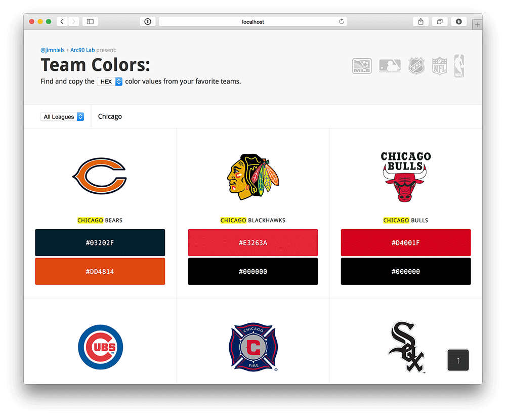 Screenshot of Team Colors search results