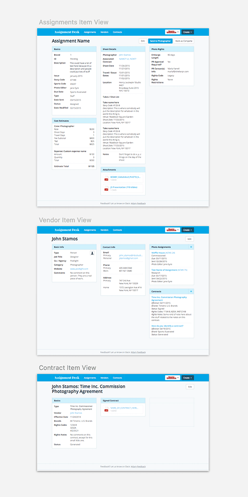 Screenshot of contract, assignment, and vendor views