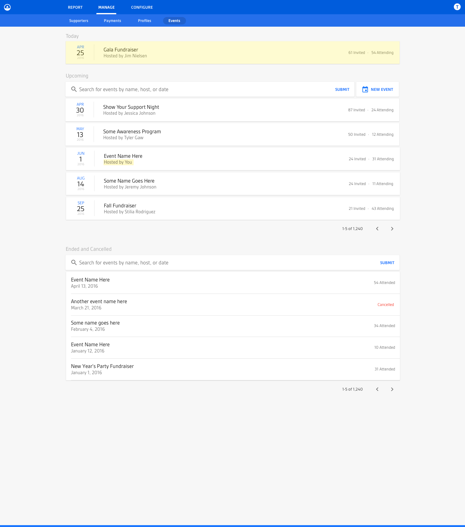 Screenshot of the first design iteration of the events index page