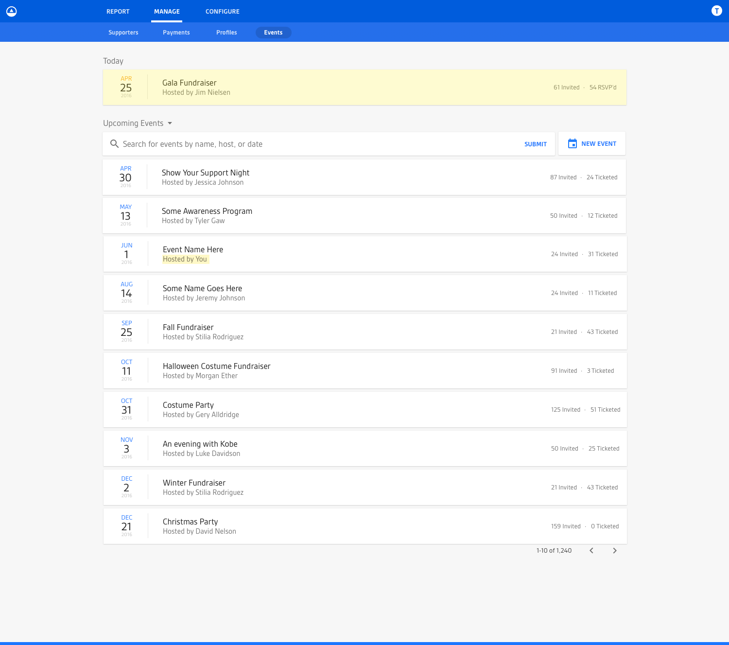 Screenshot of the second design iteration of the events index page