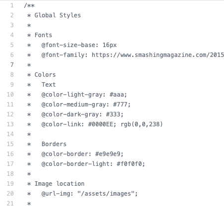 Screenshot of the top of my CSS file showing an index of colors available for use