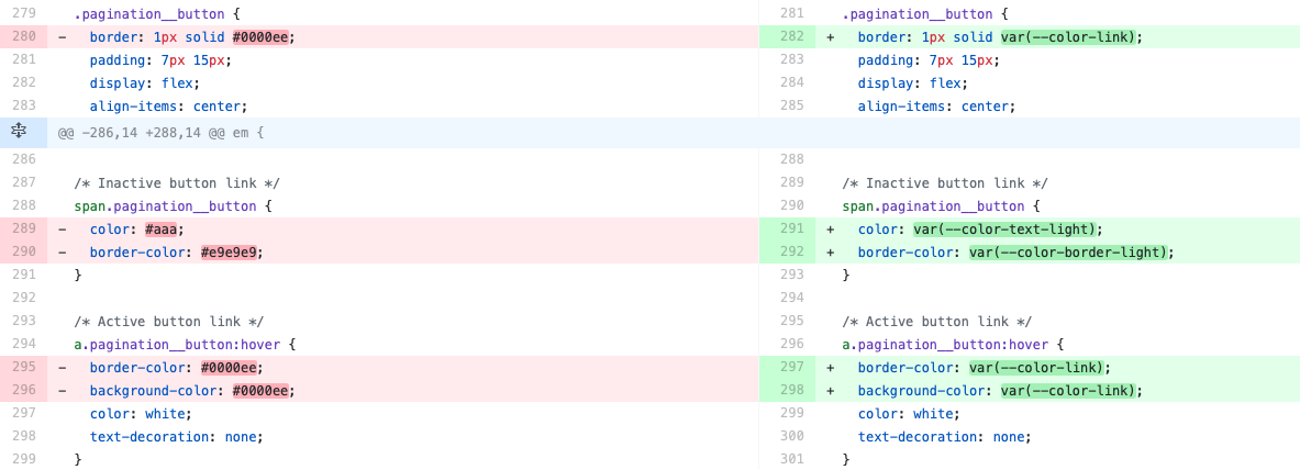 Screenshot of the git diff on my find/replace of CSS color values selector CSS colors
