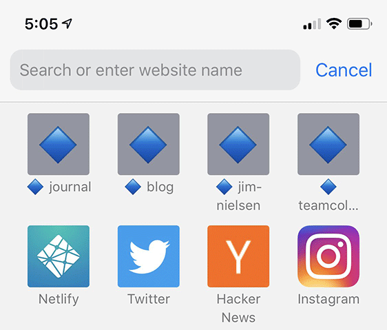 Screenshot of Safari mobile deploy bookmarks