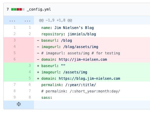 Screenshot of git diff for changed config values