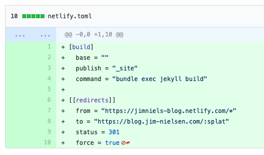 Screenshot of git diff for the new netlify.toml file