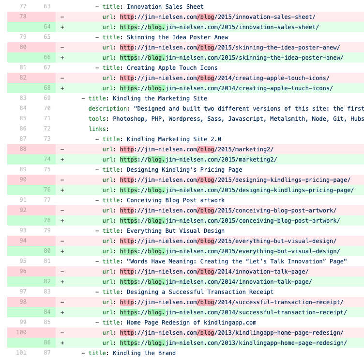 Screenshot of git diff for the URL changes on the homepage