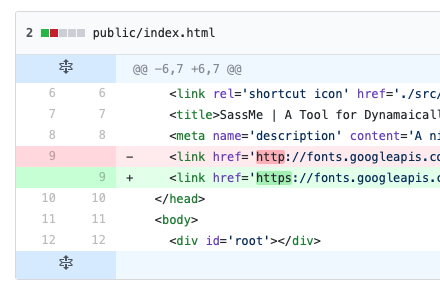 Screenshot of git diff for changing http link to https