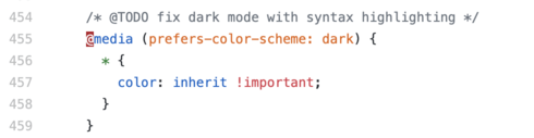 Screenshot of the syntax highlighting CSS code where I left a comment saying “fix this”