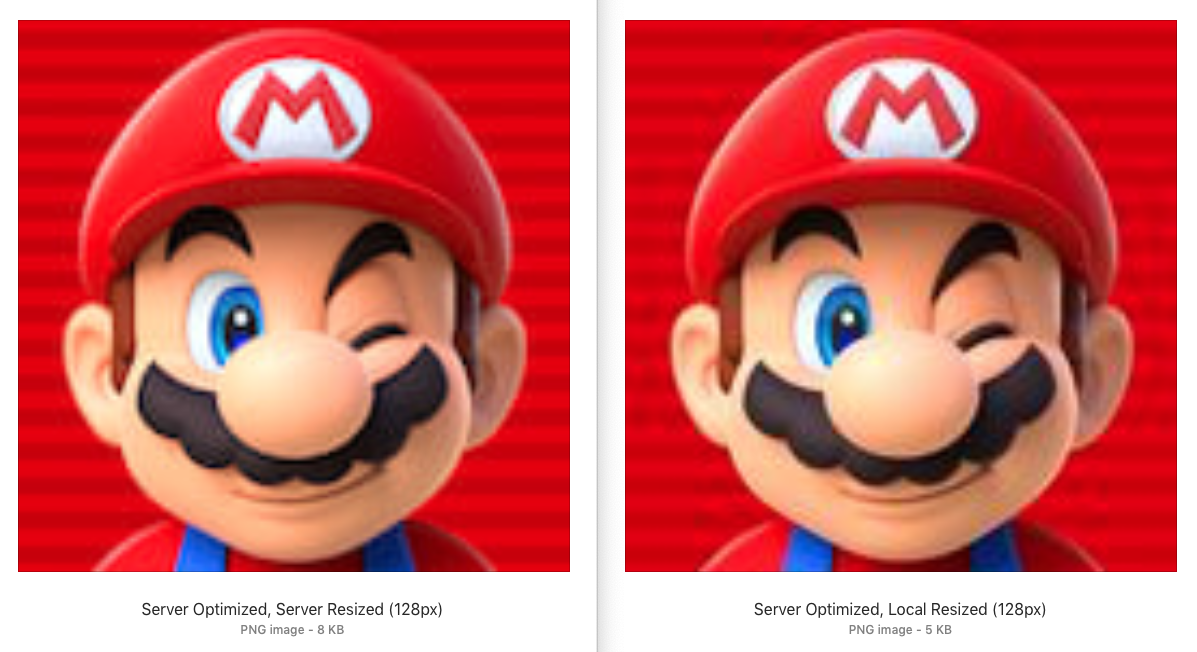 Comparison of local vs server optimization and resizing for Mario icon