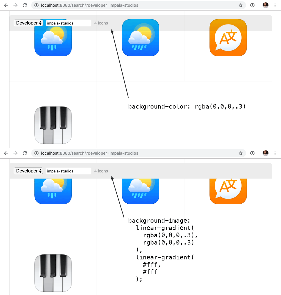 Screenshot a transparent and a solid UI element overlaying another UI element along with the corresponding CSS values to achieve the effect