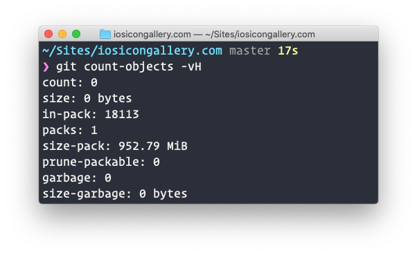 Screenshot of the result of running `git count-objects -vH` in the terminal against my local copy of the repository