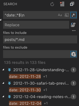 Screenshot of the result of my second regex search in VSCode