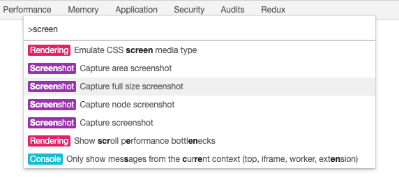 Screenshot of the “Capture full size screenshot” command in Chrome’s DevTools.