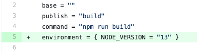 Screenshot of a git diff for a netlify.toml file.