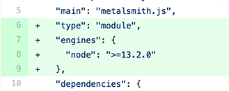 Screenshot of a git diff for a package.json file.