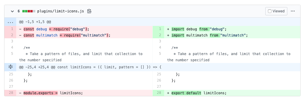 Screenshot of git diff when changing import and export statements from CJS to ESM