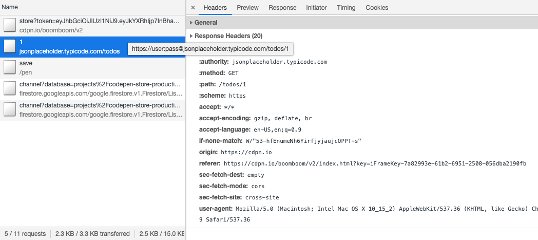 Screenshot of network dev tools showing that an XMLHttpRequest with credentials in URL doesn’t set an Authorization header.