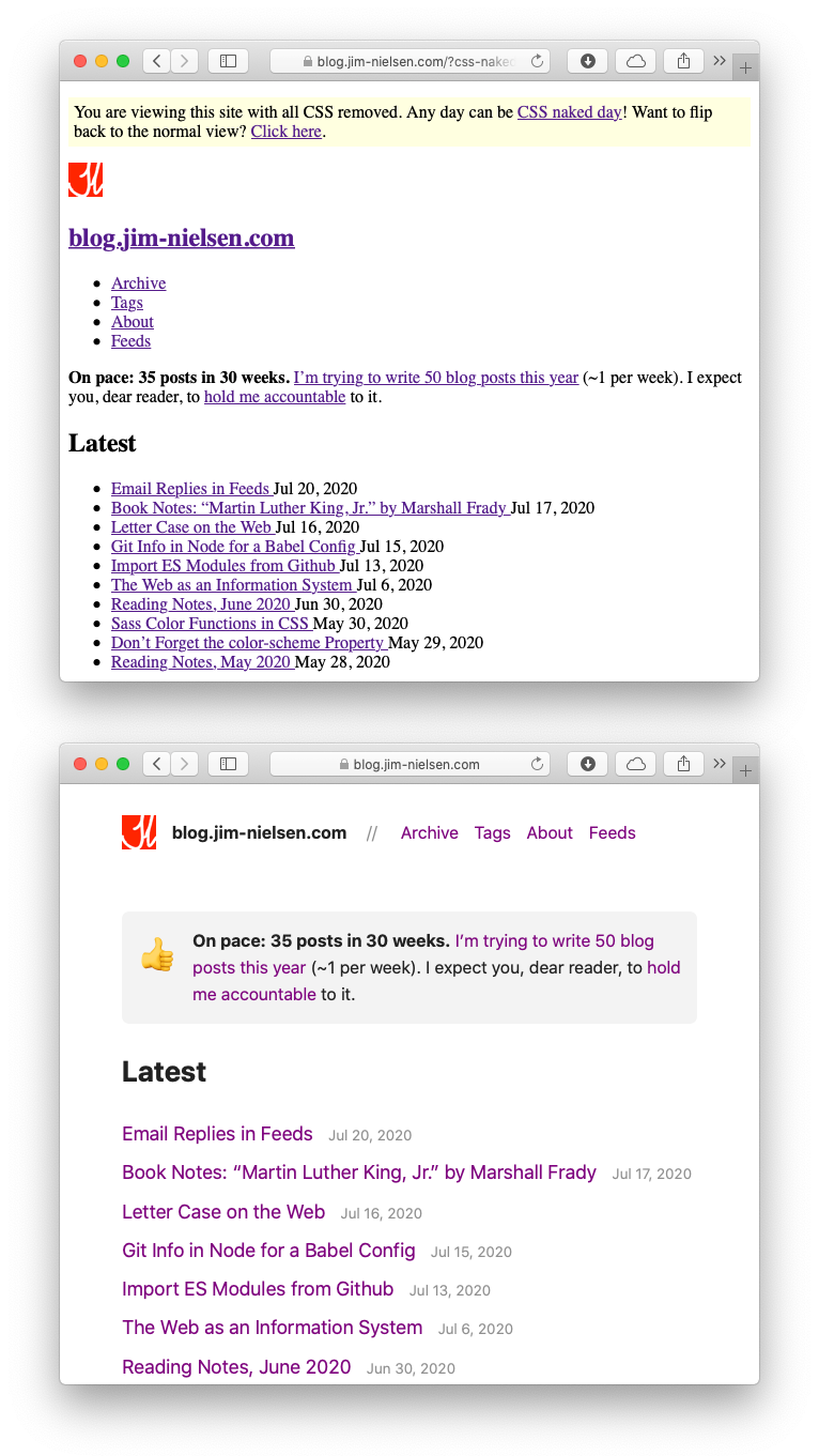 Screenshot of blog.jim-nielsen.com with and without CSS naked applied.