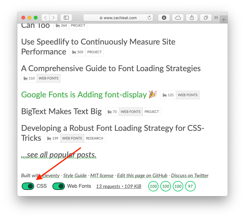 Screenshot of zachleat.com with an arrow pointing to the UI toggle to turn CSS on or off.