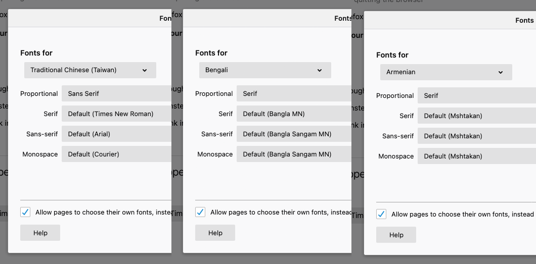 Three screenshots of the advanced font settings pane in Firefox showing how default font mappings change with the language chosen.