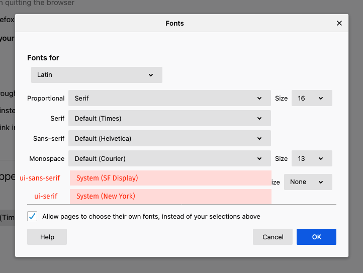 Three screenshots of the advanced font settings pane in Firefox showing how default font mappings change with the language chosen.