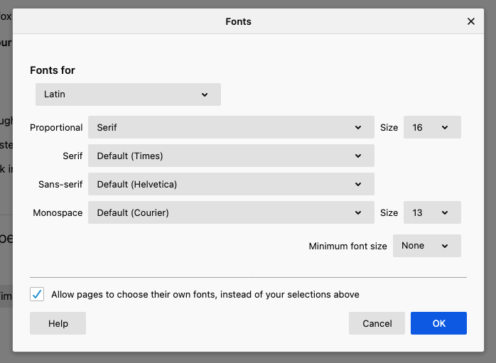 Screenshot of the advanced font settings pane in Firefox showing what font families the default settings map to.