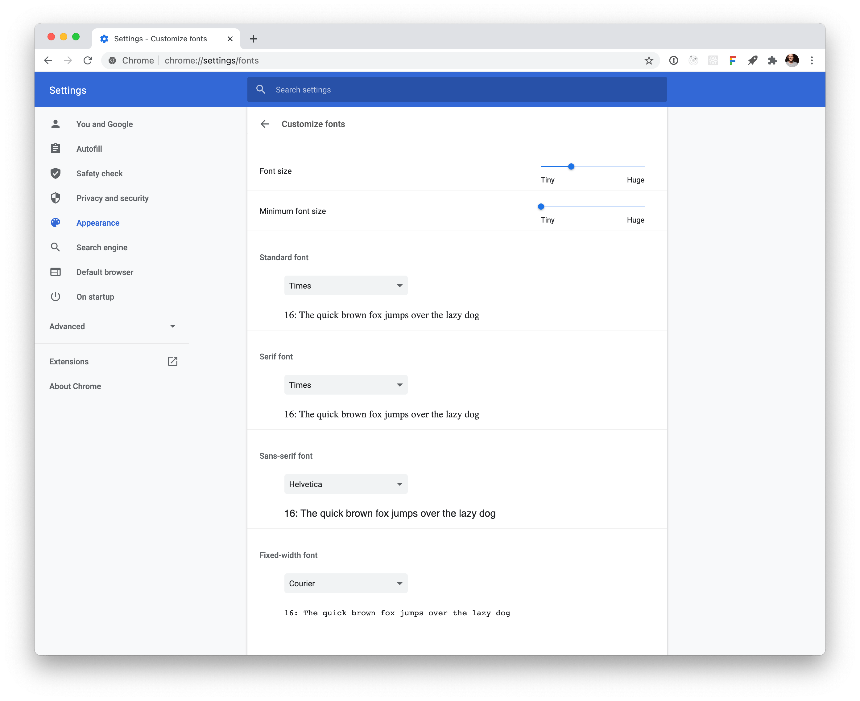 Screenshot of the “Customize Fonts” setting in Google Chrome.