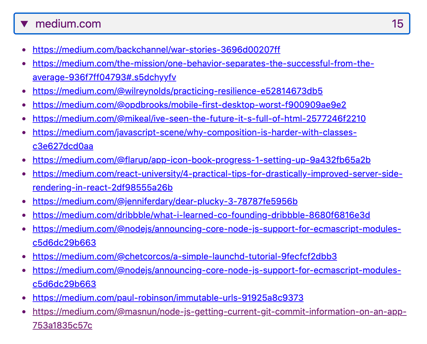 Screenshot of the various links from blog.jim-nielsen.com to independent authors on medium.com