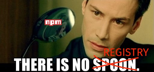 Screenshot of a scene from “The Matrix” where Neo is taught by a young child “there is no spoon”. The text “there is no spoon” is overlaid on the image with “spoon” crossed out and “registry” overwritten in its stead.