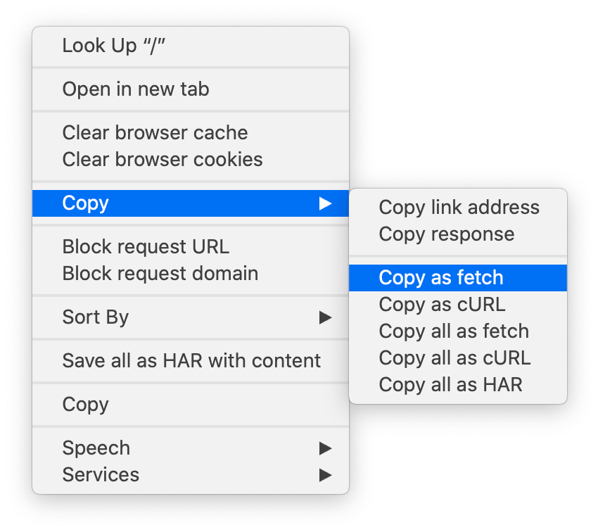 Screenshot of the “Copy as fetch” feature in Chrome’s DevTools