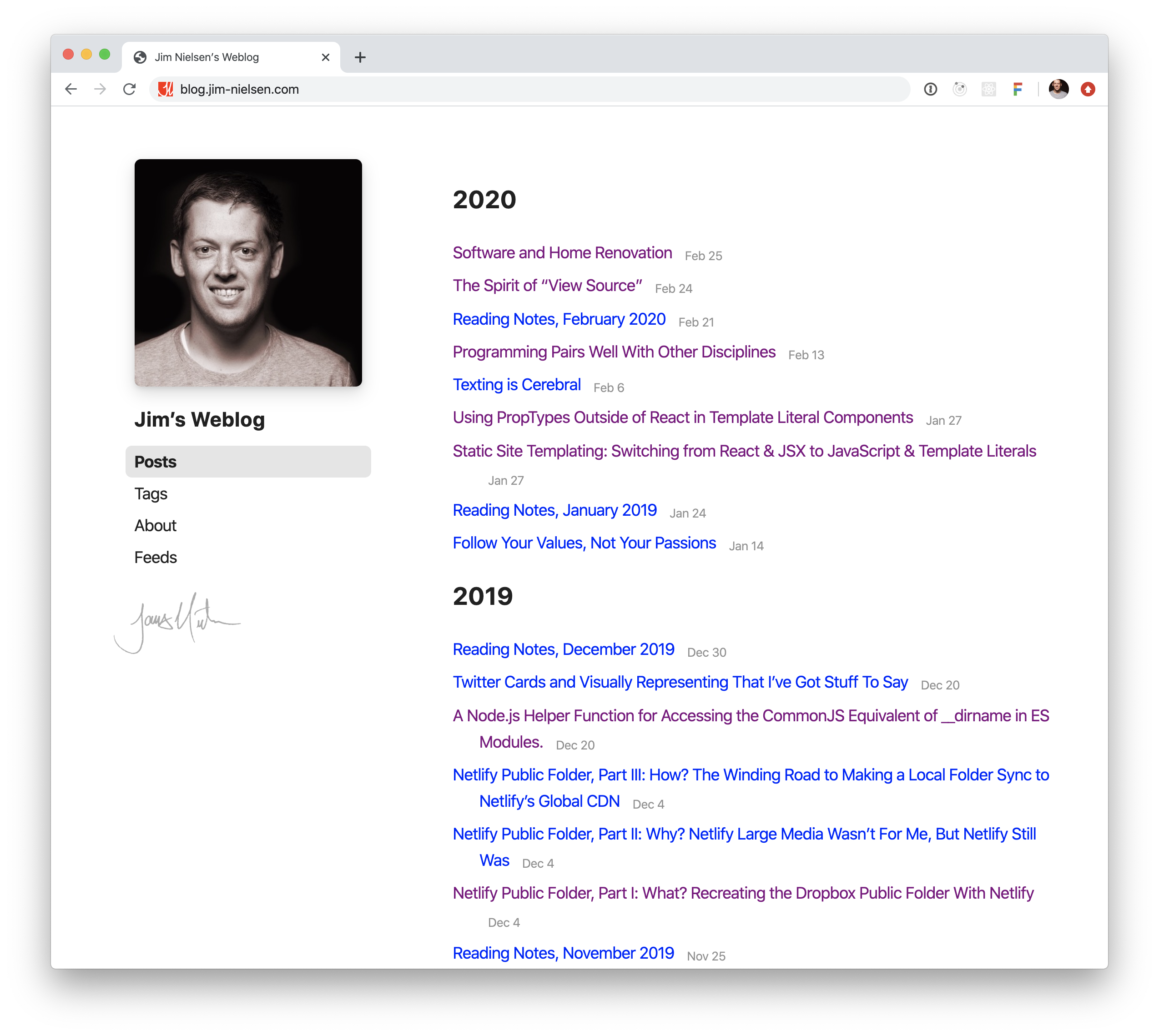 Old screenshot of blog.jim-nielsen.com when it was an index of posts by year.