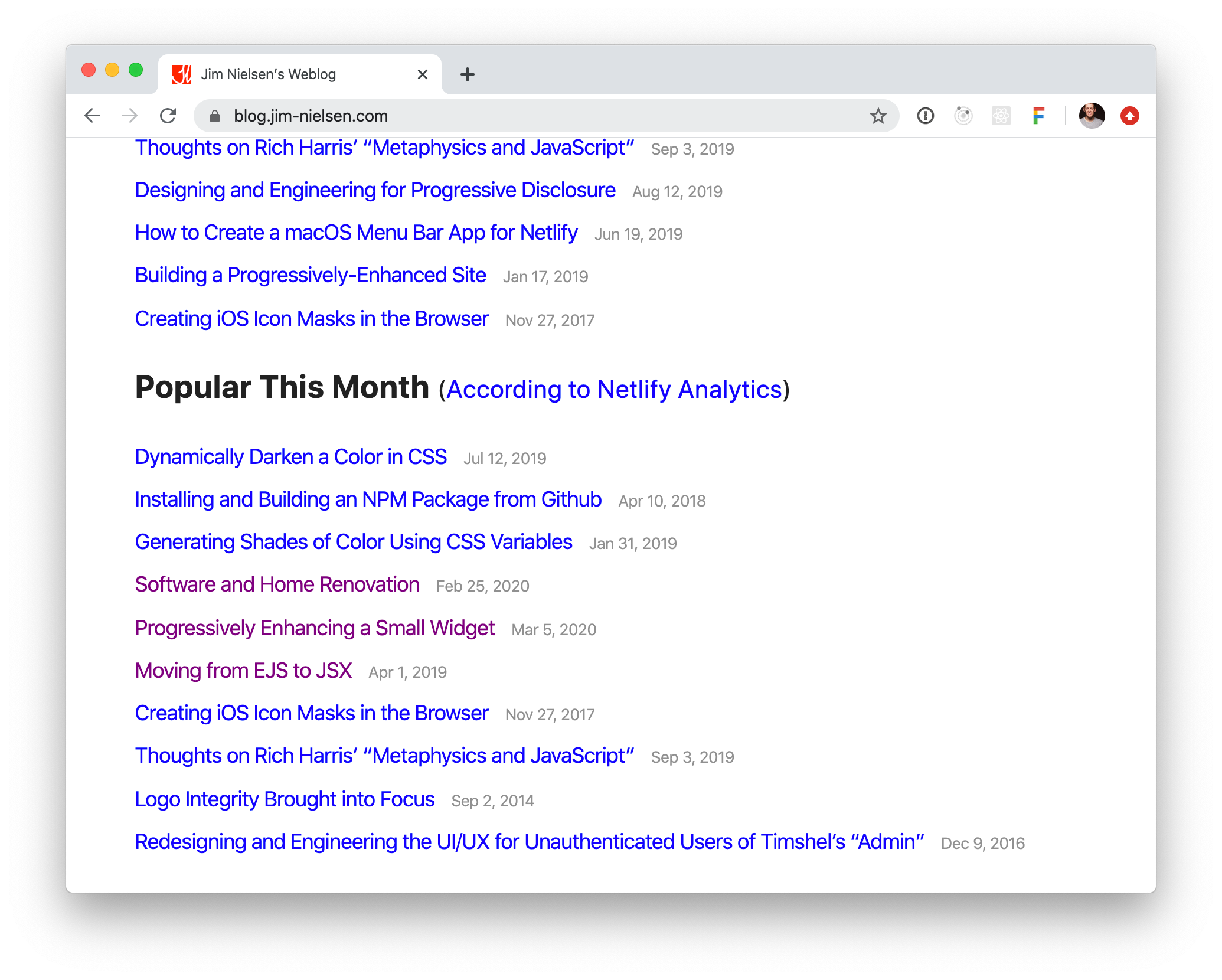 Screenshot of my blogâ€™s â€œPopular This Monthâ€� list of posts powered by Netlify Analytics