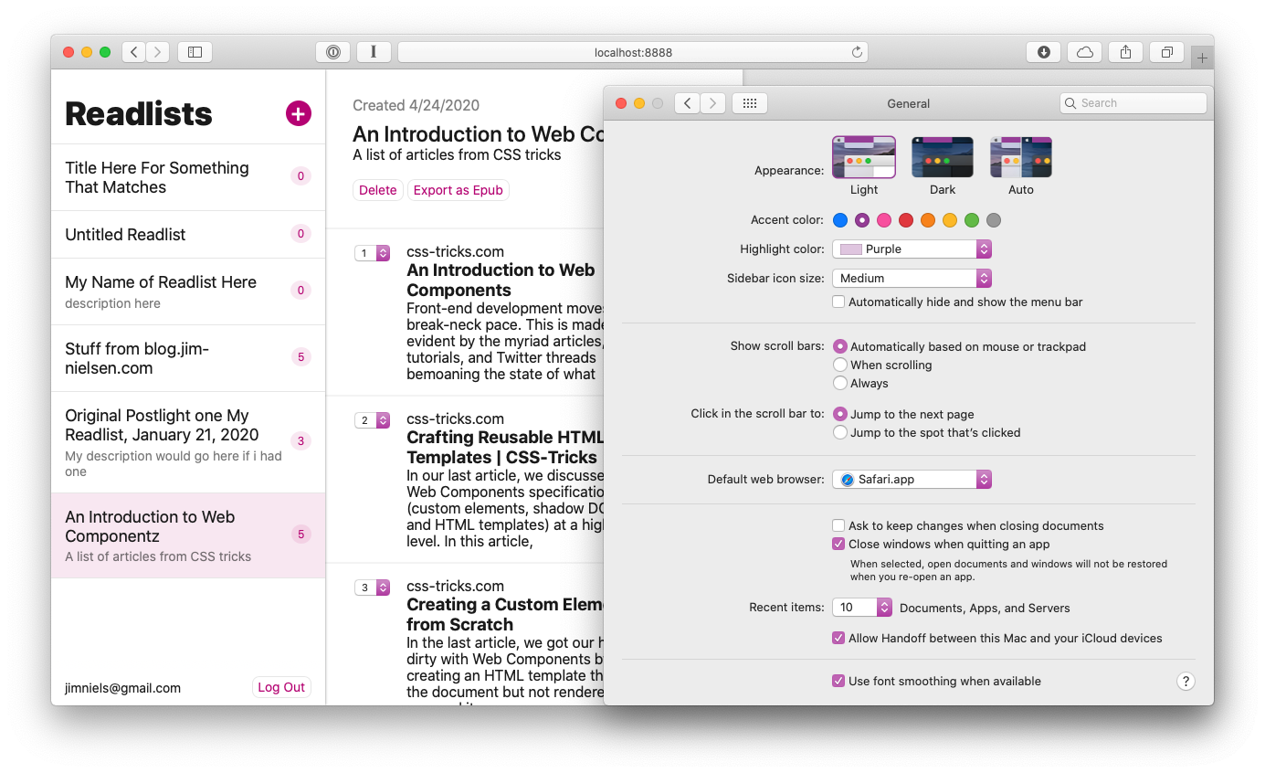 Screenshot of a website alongside the system preferences in macOS where you can configure the accent color (with the accent set to purple).