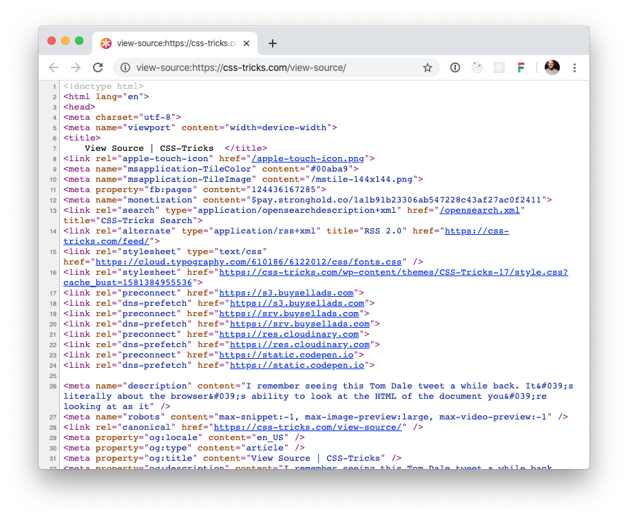 Screenshot of Chrome’s “View Source” tab for a particular web page on css-tricks.com