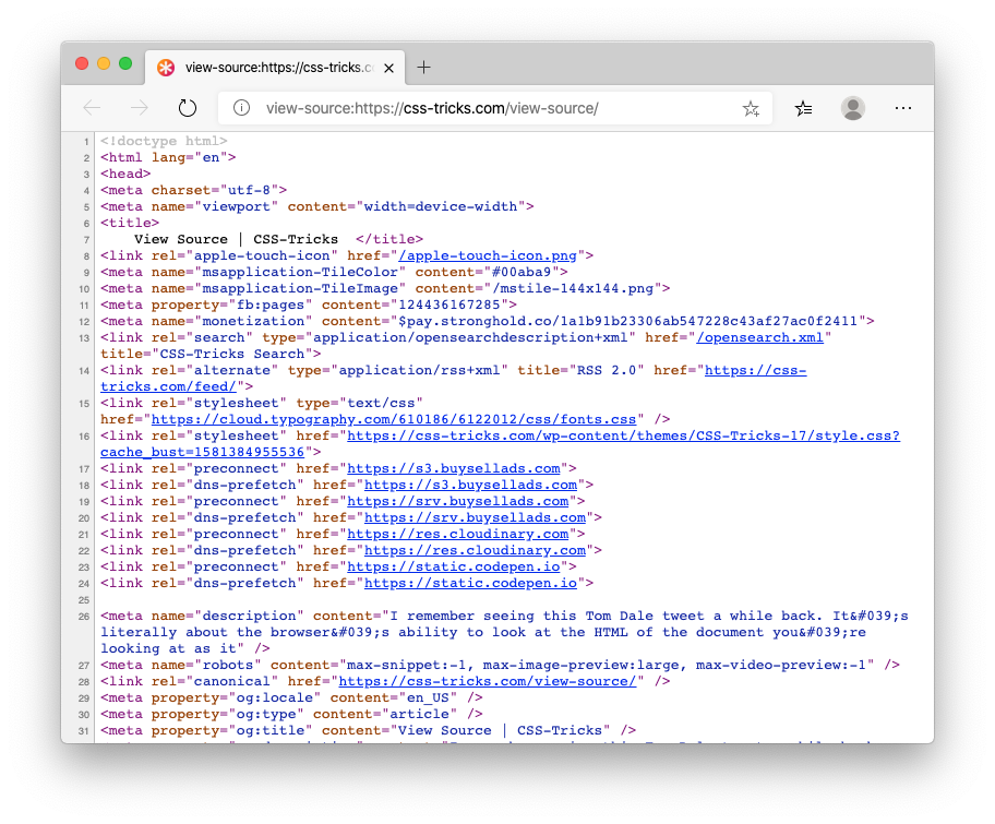 Screenshot of Edge’s “View Source” tab for a particular web page on css-tricks.com