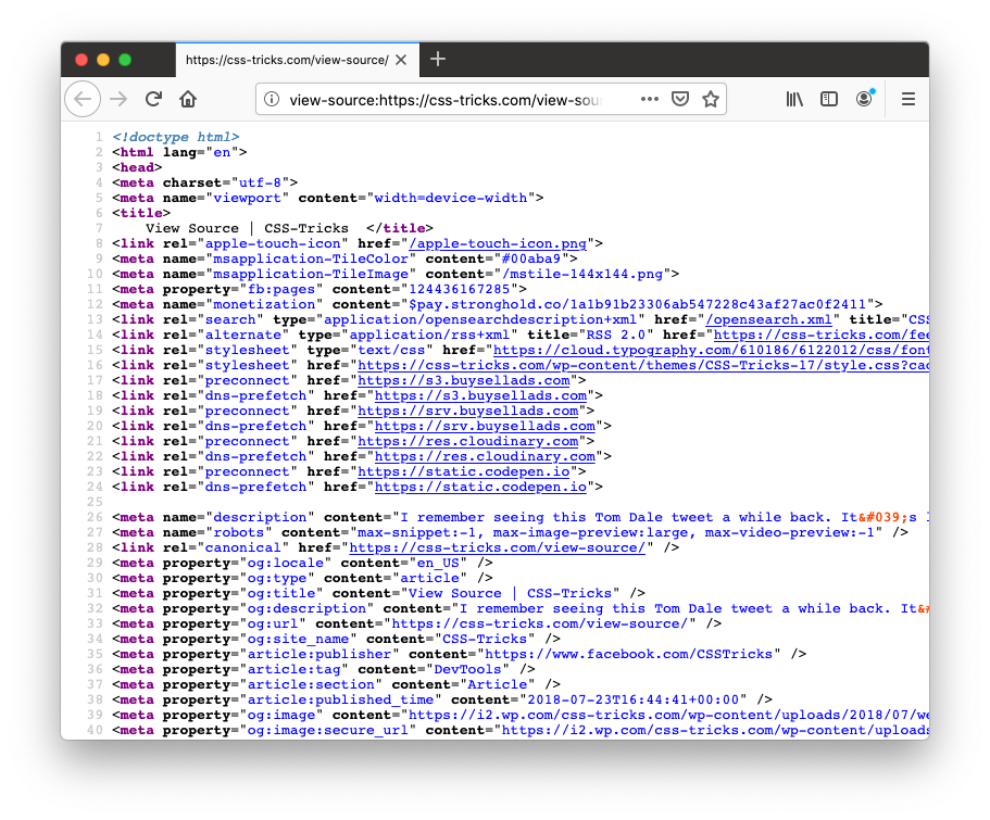 Screenshot of Firefox’s “View Source” tab for a particular web page on css-tricks.com
