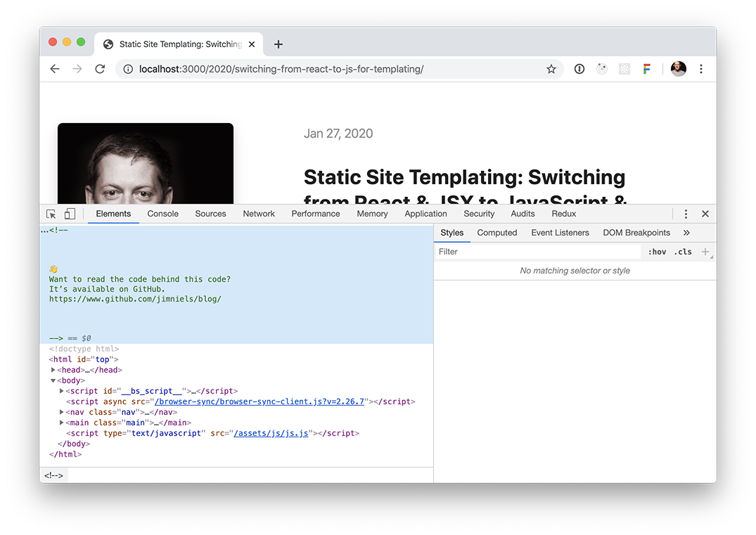 Screenshot of Chrome with the developer tools open and displaying the source HTML with a comment pointing to the source code on Github that generates that HTML.