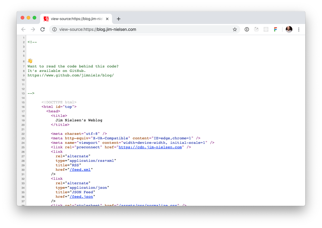 Screenshot of “View Source” tab in Chrome displaying the source HTML with a comment pointing to the source code on Github that generates that HTML.