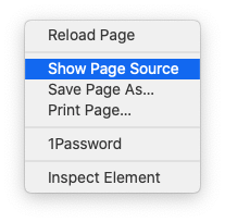 Screenshot of Safari’s contextual menu when you right-click on a webpage with the developer tools turned on.