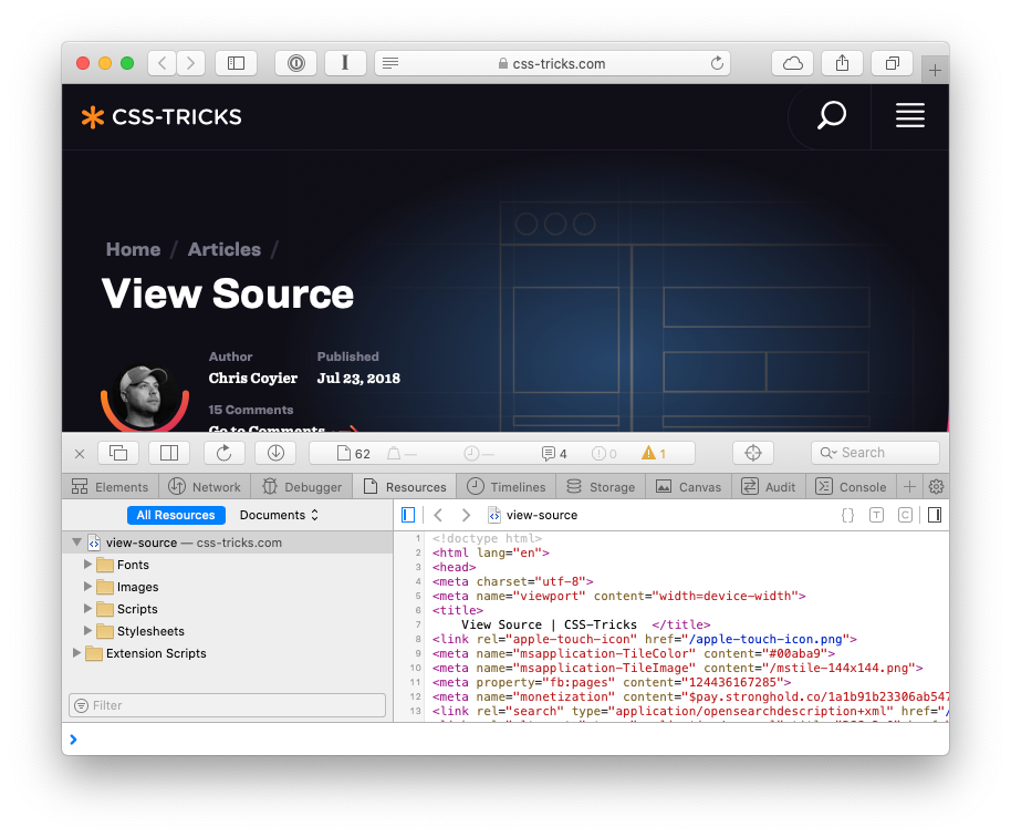 Screenshot of Safari’s “Show Page Source” view for a particular web page on css-tricks.com