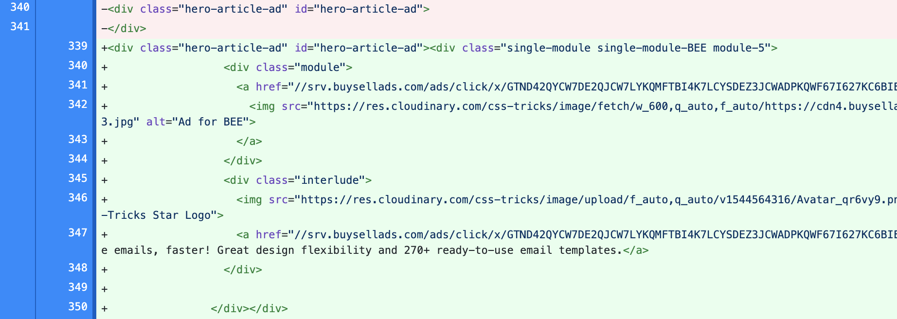 Screenshot of file diff showing ads being injected in initial HTML placeholder.