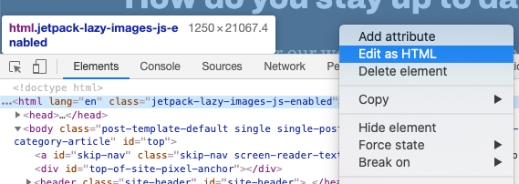 Screenshot of “Copy HTML” in Chrome DevTools.