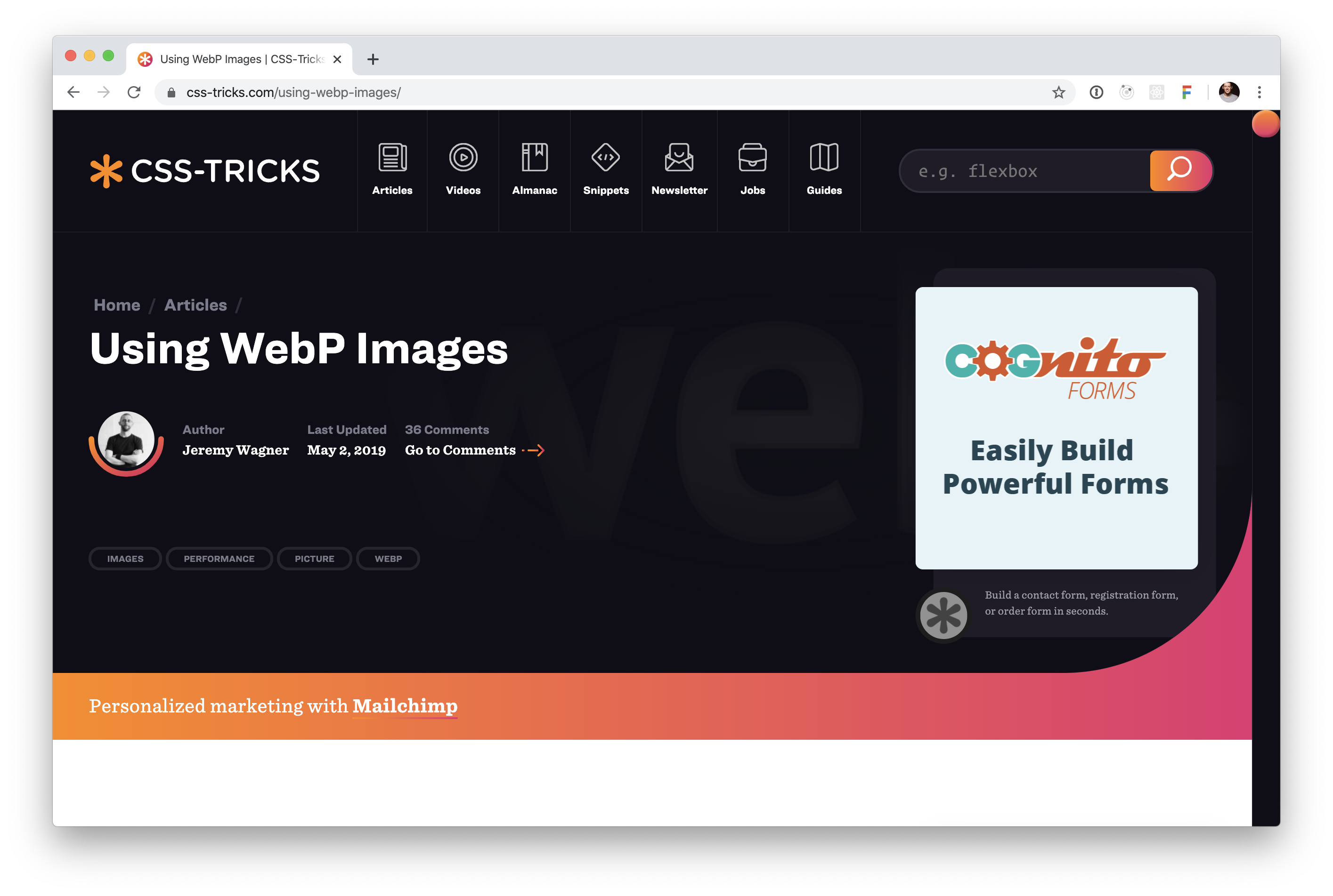 Screenshot of CSS Tricks article page on using webp images.