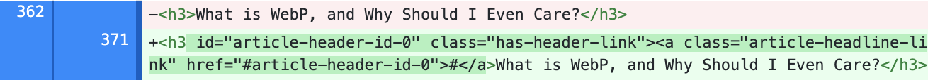 Screenshot of file diff showing header tags getting permalink added.