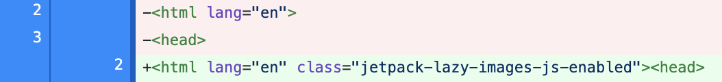Screenshot of file diff showing class changes to the html element.