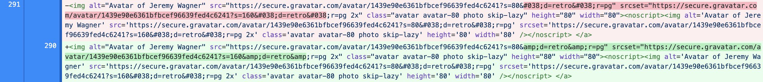 Screenshot of file diff showing changes from decimal code values to html entities.