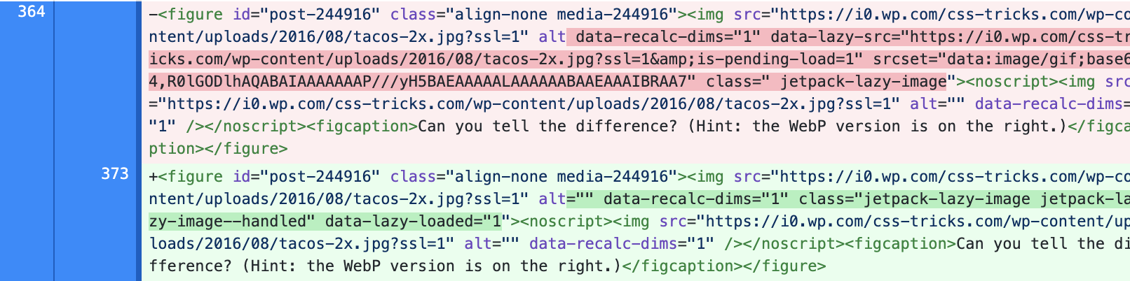 Screenshot of file diff showing attribute changes to figure elements in service of an image lazy loading technique.