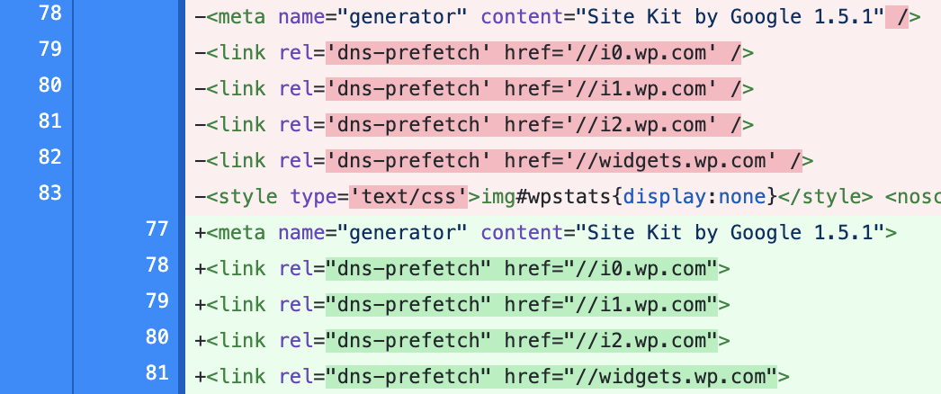 Screenshot of file diff showing how meta and link tags have their self-closing slash removed.