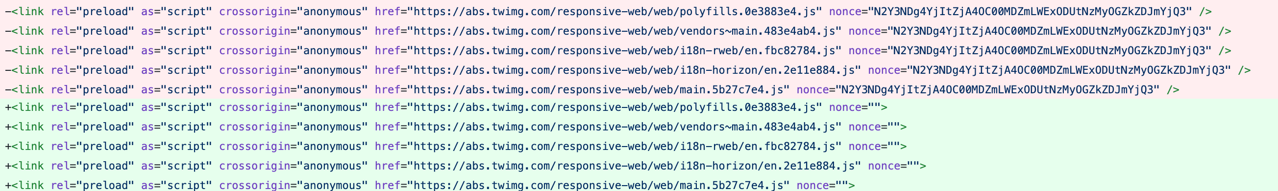 Screenshot of file diff showing removal of nonce attribute on page load.